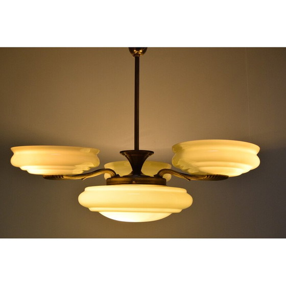 Image 1 of Vintage Art deco kroonluchter van glas en messing, Tsjecho-Slowakije 1930