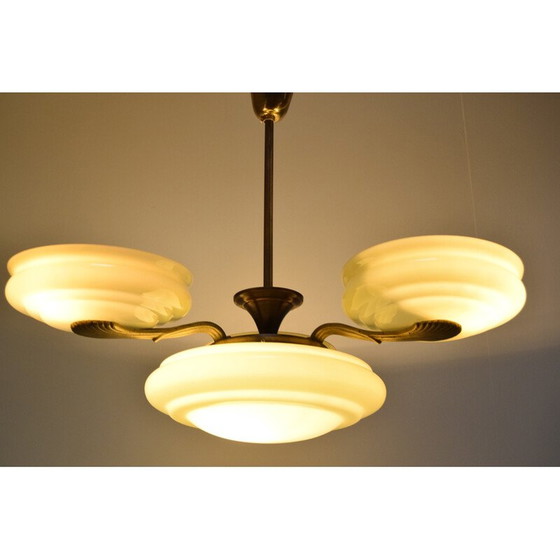 Image 1 of Vintage Art deco kroonluchter van glas en messing, Tsjecho-Slowakije 1930