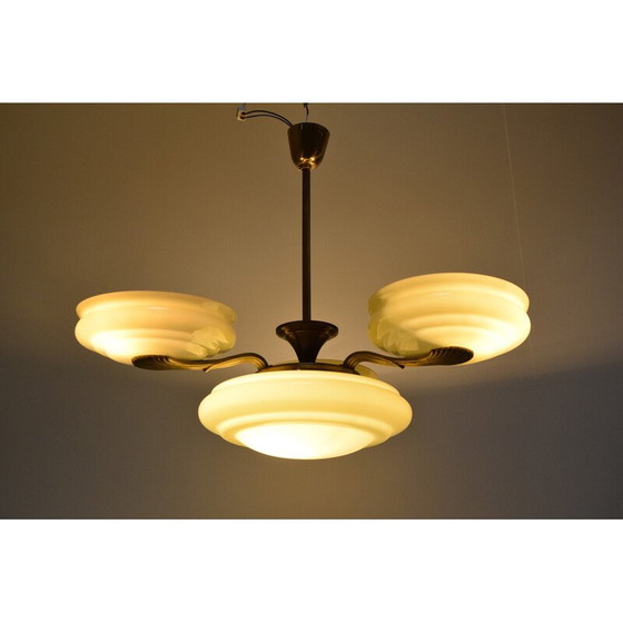 Image 1 of Vintage Art deco kroonluchter van glas en messing, Tsjecho-Slowakije 1930