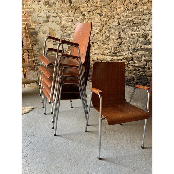 Image 1 of Set van 6 vintage houten en metalen fauteuils, 1960