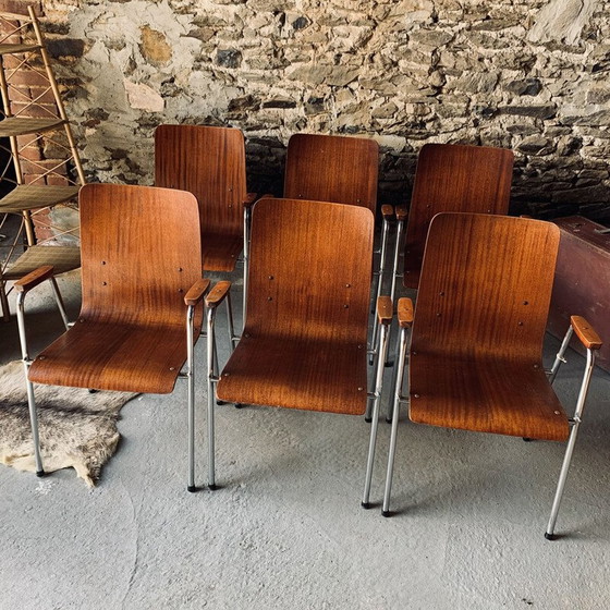 Image 1 of Set van 6 vintage houten en metalen fauteuils, 1960