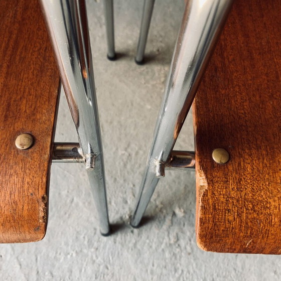 Image 1 of Set van 6 vintage houten en metalen fauteuils, 1960