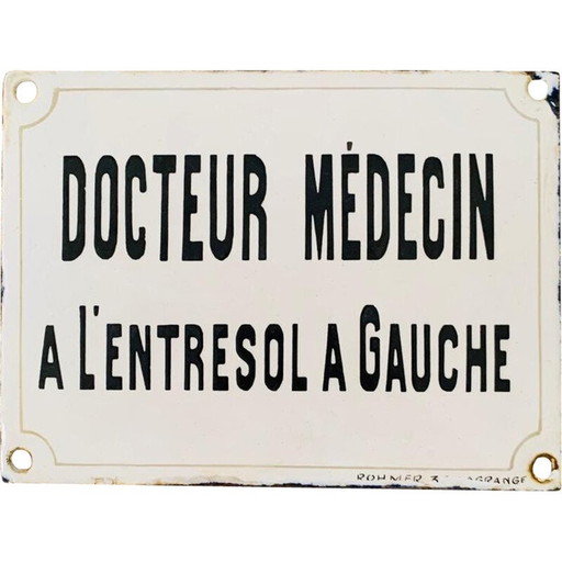 Gebogen vintage geëmailleerde plaquette "docteur médecin a l'entresol a gauche".