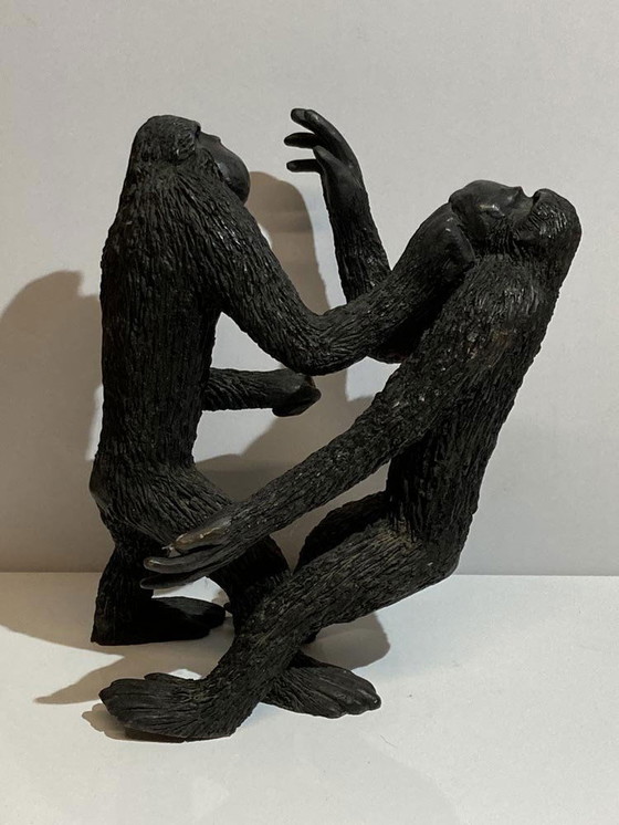 Image 1 of Bronzen apen, Frankrijk, 1970S, massief messing, set van 3