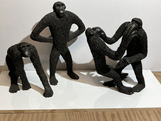 Image 1 of Bronzen apen, Frankrijk, 1970S, massief messing, set van 3