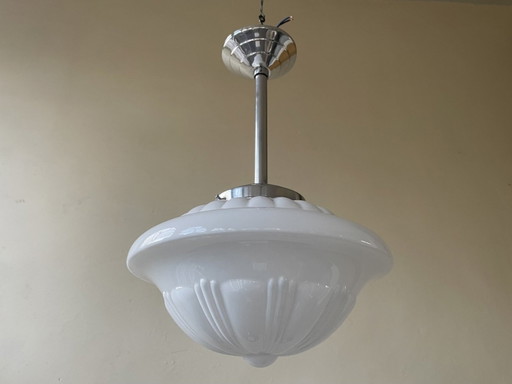 Lamp Hanglamp Art Deco 1930 Ufo Vorm Wit Glas Frans