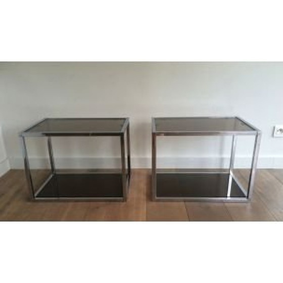 Image 1 of Paar vintage Franse salontafels in gerookt glas 1970