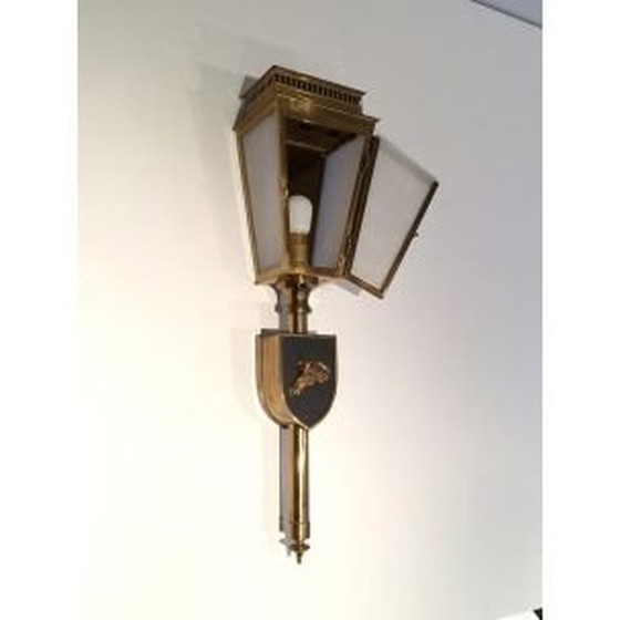 Image 1 of Paar vintage wandlampen met paarden van messing en glas, 1950