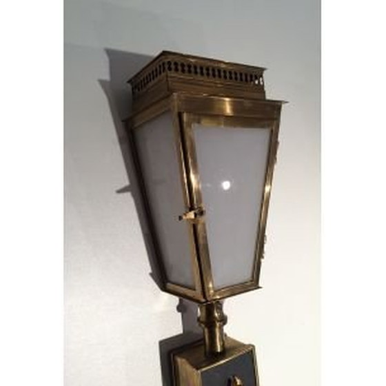 Image 1 of Paar vintage wandlampen met paarden van messing en glas, 1950