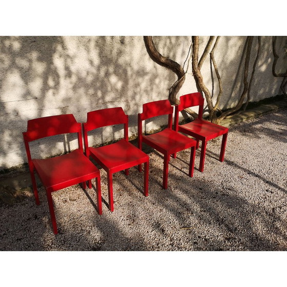 Image 1 of Set van 4 vintage stoelen van Rainer Schell, rood beukenhout, 1960