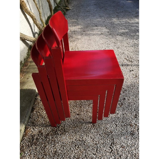 Image 1 of Set van 4 vintage stoelen van Rainer Schell, rood beukenhout, 1960