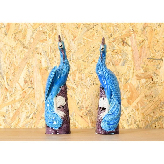 Image 1 of Paar vintage pauwen in turquoise porselein, China 1950