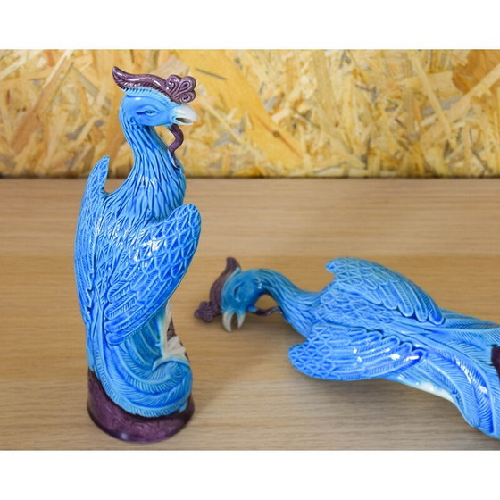 Image 1 of Paar vintage pauwen in turquoise porselein, China 1950