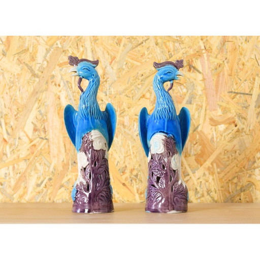 Paar vintage pauwen in turquoise porselein, China 1950