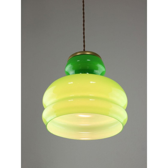 Image 1 of Vintage "Big Green" hanglamp van messing en glas, Italië
