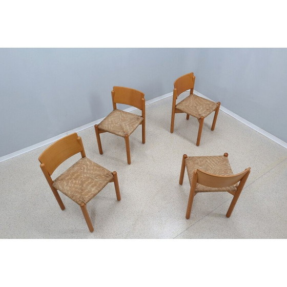 Image 1 of Set van 4 vintage houten eetkamerstoelen met strozitting, jaren 1970