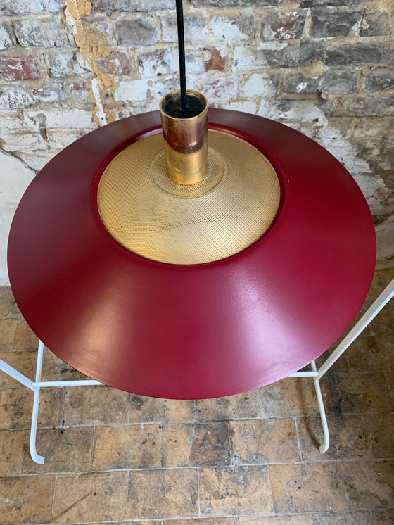 Image 1 of Grote vintage bordeauxrode en gouden hanglamp, Scandinavische stijl