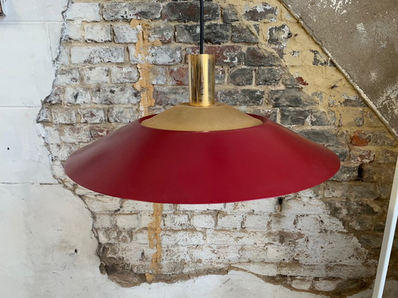 Image 1 of Grote vintage bordeauxrode en gouden hanglamp, Scandinavische stijl