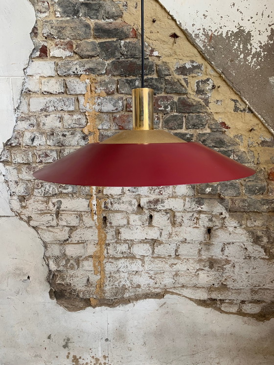 Image 1 of Grote vintage bordeauxrode en gouden hanglamp, Scandinavische stijl