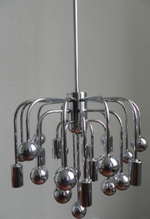 Vintage Spoetnik lamp met 9 lichtpunten en 16 chromen bollen