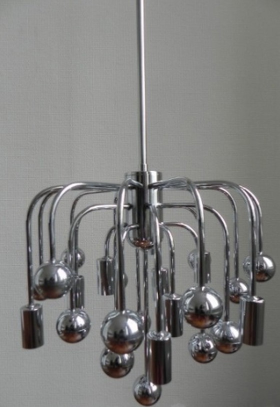 Image 1 of Vintage Spoetnik lamp met 9 lichtpunten en 16 chromen bollen