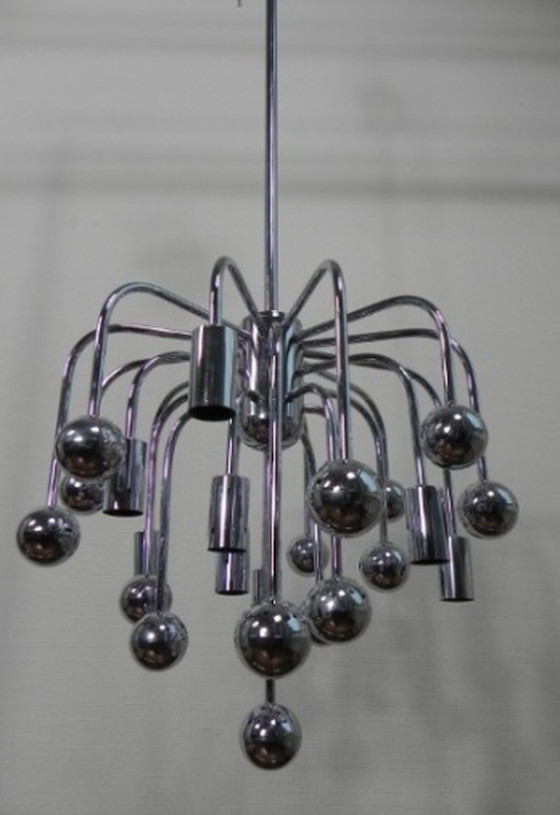 Image 1 of Vintage Spoetnik lamp met 9 lichtpunten en 16 chromen bollen