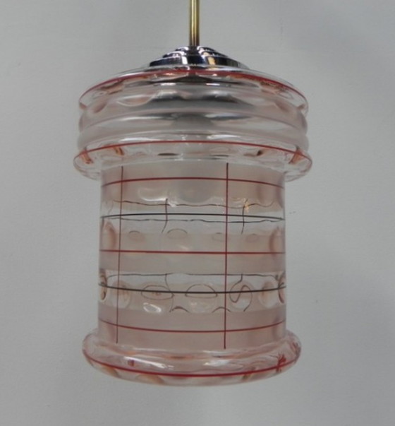 Image 1 of Art deco hanglamp met roze glazen kap