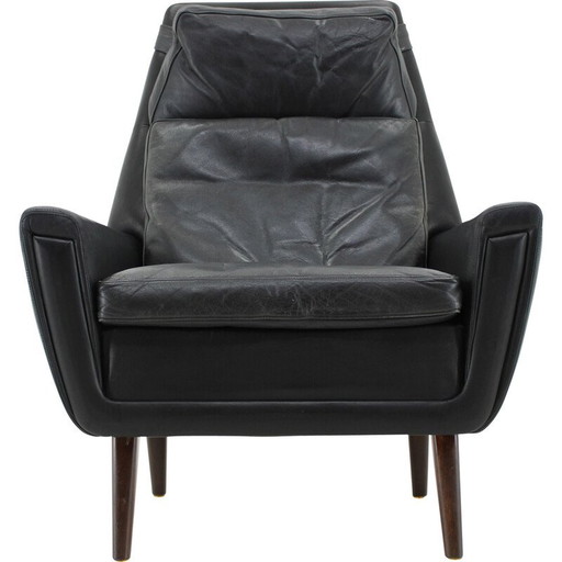 Vintage fauteuil met hoge rug in massief beuken en leer, Denemarken 1970