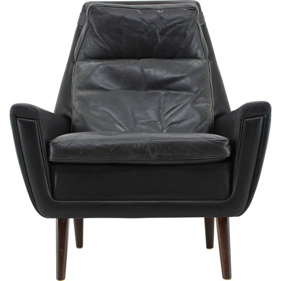 Image 1 of Vintage fauteuil met hoge rug in massief beuken en leer, Denemarken 1970