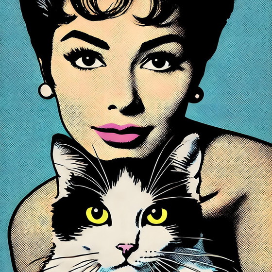 Image 1 of Popart Poster Op Doek 'Woman & Cat'