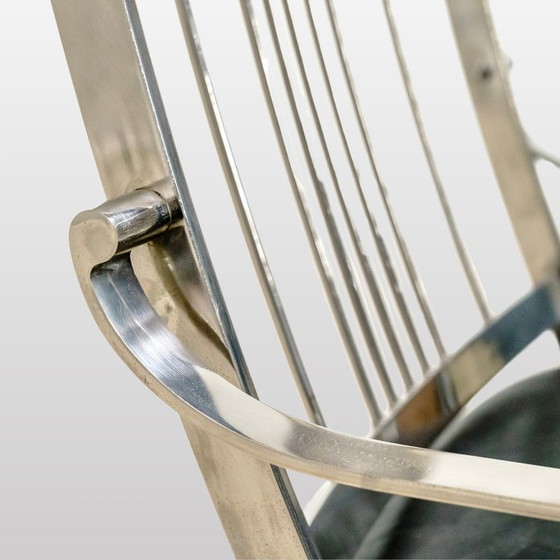 Image 1 of Vintage fauteuil met voetenbank in chroomstaal en zwart leer voor Maison Jansen, Frankrijk 1980