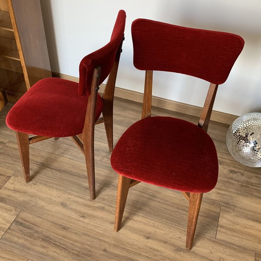 Paar vintage stoelen van rood fluweel en hout, 1960