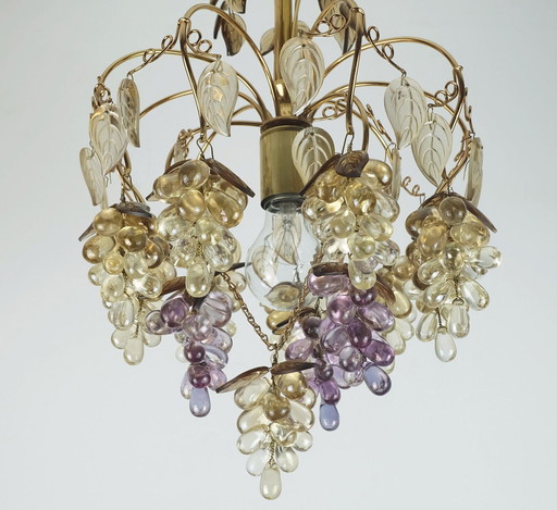 Zeldzame palwa midden eeuw CHANDELIER 1970 kristal glas en verguld messing druiven en bladeren