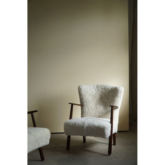 Image 1 of Paar vintage lamswollen en massief beuken fauteuils, Denemarken 1960