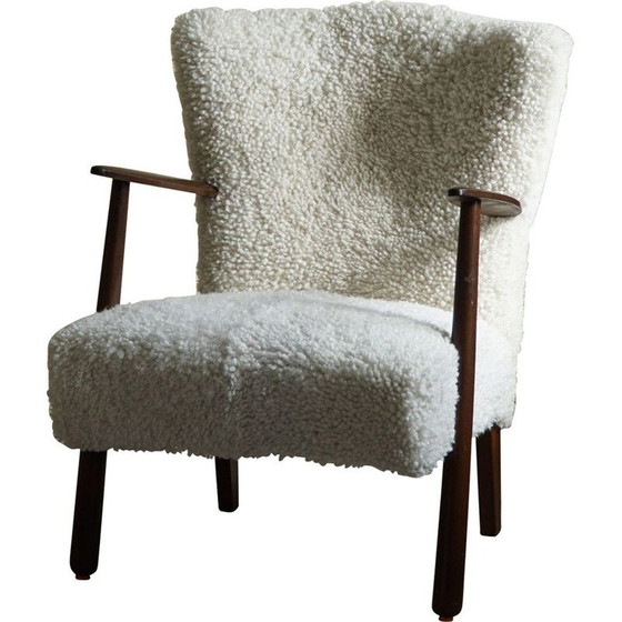 Image 1 of Paar vintage lamswollen en massief beuken fauteuils, Denemarken 1960