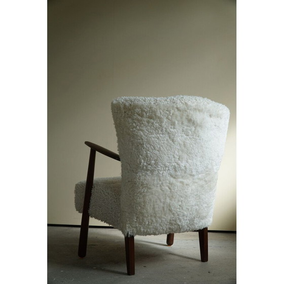 Image 1 of Paar vintage lamswollen en massief beuken fauteuils, Denemarken 1960