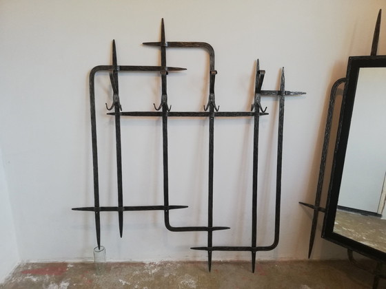 Image 1 of Mid Century Brutalist Garderobe - Spiegel / Kapstok - Smeedijzer