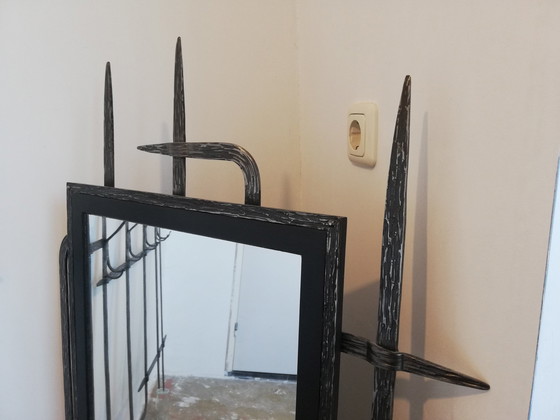 Image 1 of Mid Century Brutalist Garderobe - Spiegel / Kapstok - Smeedijzer