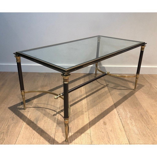 Vintage salontafel van geborsteld staal en messing van Maison Jansen, Frankrijk 1940