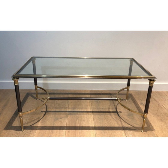 Image 1 of Vintage salontafel van geborsteld staal en messing van Maison Jansen, Frankrijk 1940