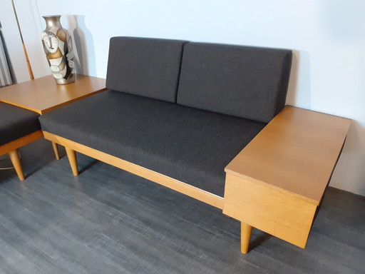 Slaapbank in eiken en antraciet stof, Vintage Scandinavisch 1960S