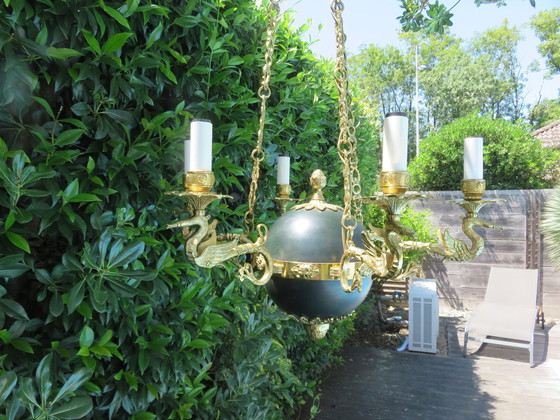 Image 1 of Lustre Empire "Aux Cygnes" Par Lucien Gau, Parijs, Brons Verguld met Helder Goud