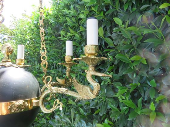 Image 1 of Lustre Empire "Aux Cygnes" Par Lucien Gau, Parijs, Brons Verguld met Helder Goud