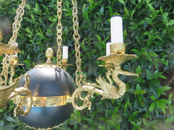 Image 1 of Lustre Empire "Aux Cygnes" Par Lucien Gau, Parijs, Brons Verguld met Helder Goud