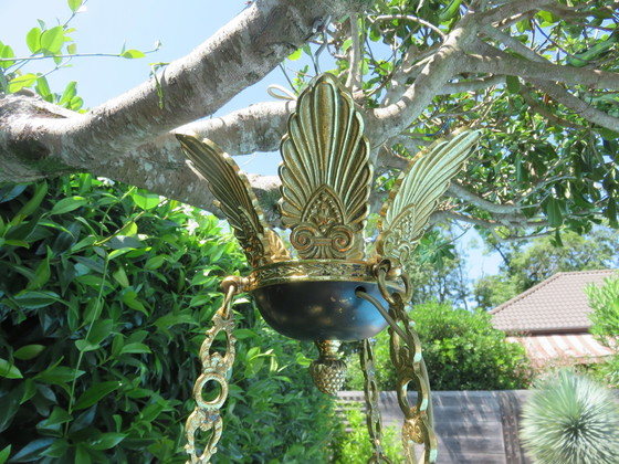 Image 1 of Lustre Empire "Aux Cygnes" Par Lucien Gau, Parijs, Brons Verguld met Helder Goud