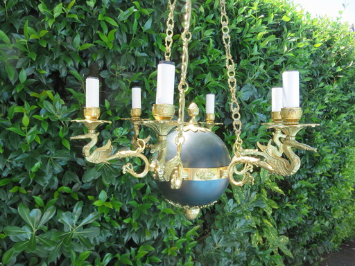 Lustre Empire "Aux Cygnes" Par Lucien Gau, Parijs, Brons Verguld met Helder Goud