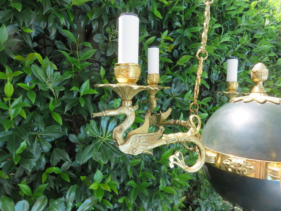 Image 1 of Lustre Empire "Aux Cygnes" Par Lucien Gau, Parijs, Brons Verguld met Helder Goud