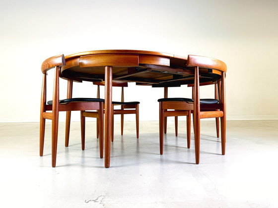 Image 1 of Mid Century Rondette Frem Røjle eettafel set van 5 Hans Olsen teakhout