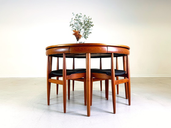 Image 1 of Mid Century Rondette Frem Røjle eettafel set van 5 Hans Olsen teakhout