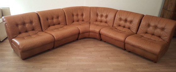 Image 1 of Vintage Italiaanse Cognac Leren Modulaire Sofa, 1970, Set Van 5